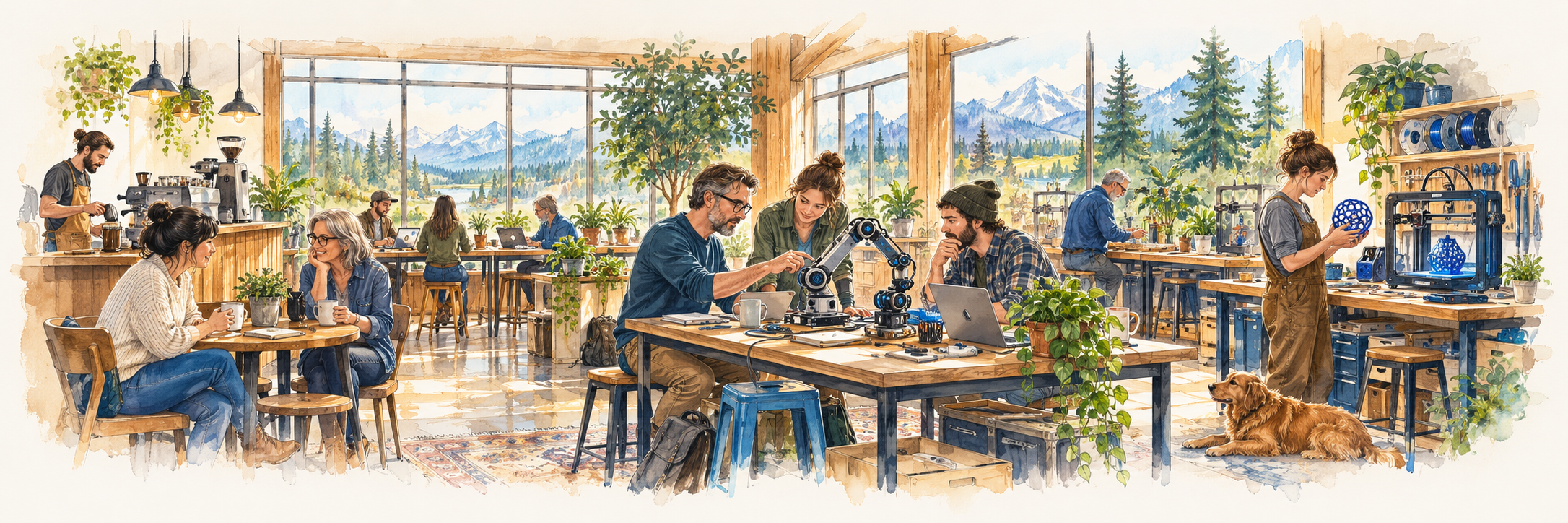 Concept illustration of a café and workshop with people designing, building and collaborating